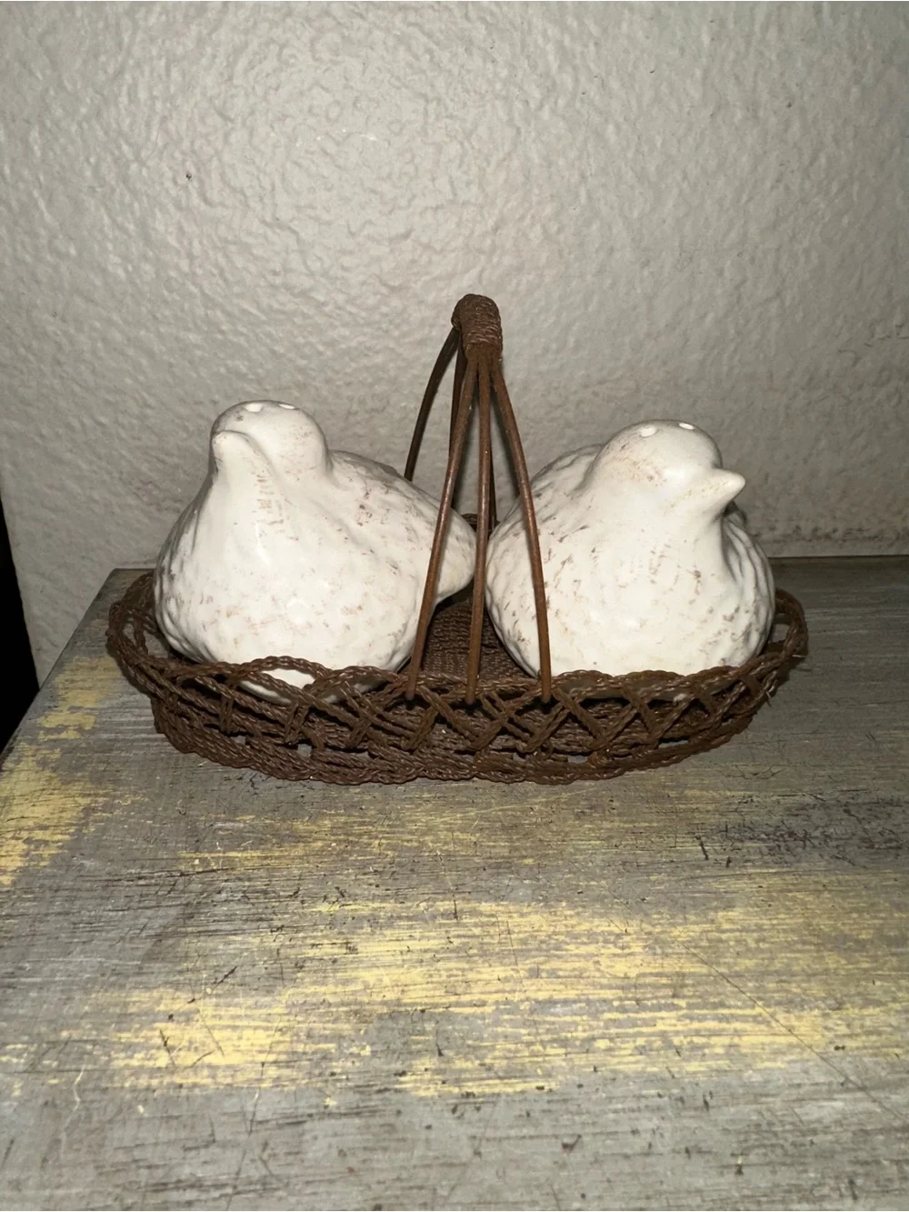 Rustic White Salt and Pepper Shakers Birds in a Metal Basket Stoppers